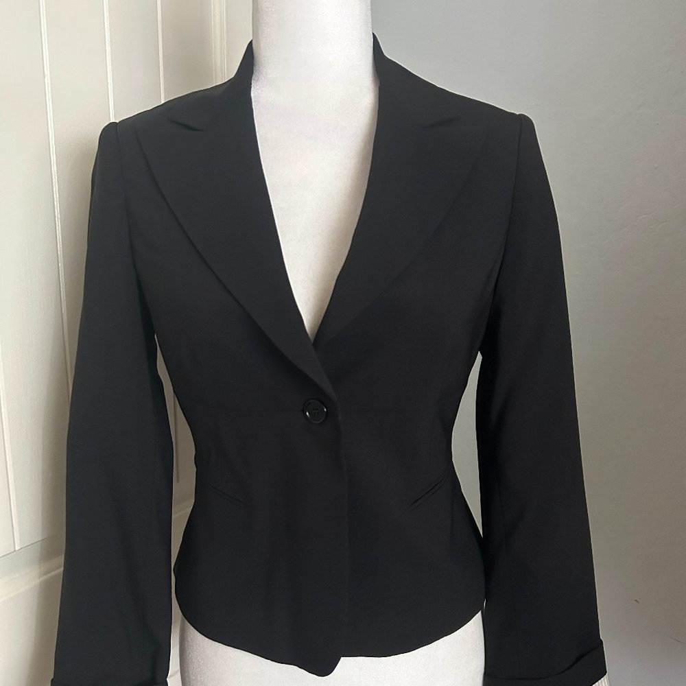 BCBG Max Azria Pleated Back Fully Lined Black Jacket Striped Sleeve Lining XS
